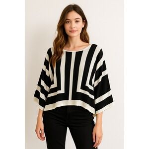Black White Striped Boxy Soft Knit Sweater Top Small Batwing Sleeves Button Back